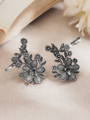 Oxidised Silver Tone Brass Floral Vine Stud Ear Cuff Earrings