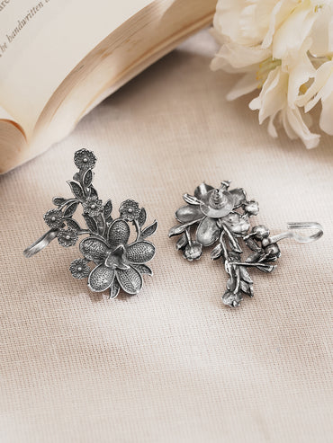 Oxidised Silver Tone Brass Floral Vine Stud Ear Cuff Earrings