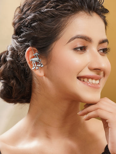 Oxidised Silver Tone Brass Deer Pearl Statement Ear Cuff Earrings