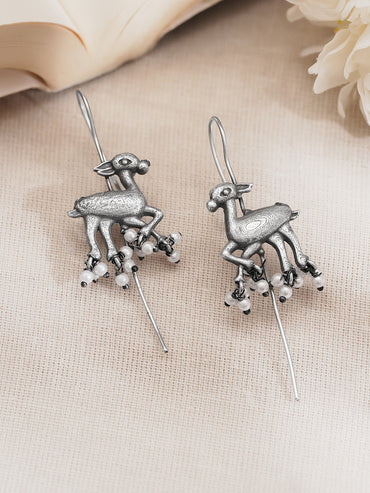Oxidised Silver Tone Brass Deer Pearl Statement Ear Cuff Earrings