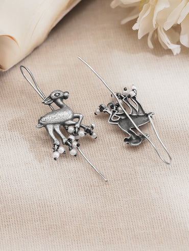 Oxidised Silver Tone Brass Deer Pearl Statement Ear Cuff Earrings