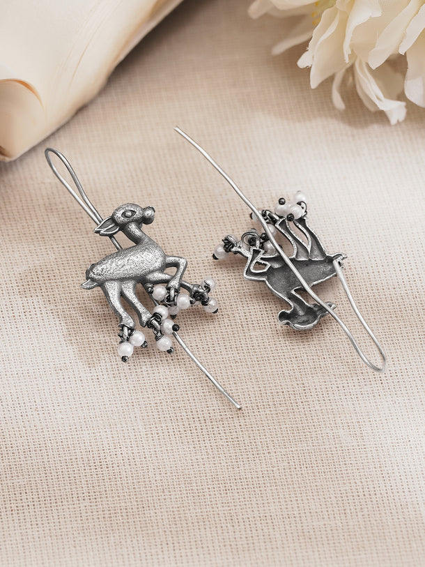 Oxidised Silver Tone Brass Deer Pearl Statement Ear Cuff Earrings