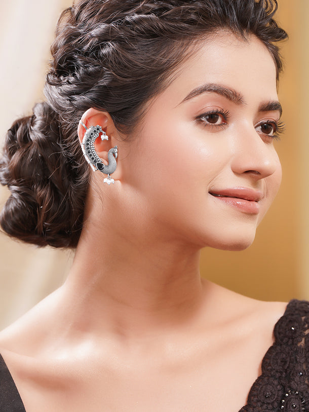 Oxidised Silver Tone Brass Black Bead Pearl Peacock Ear Cuff
