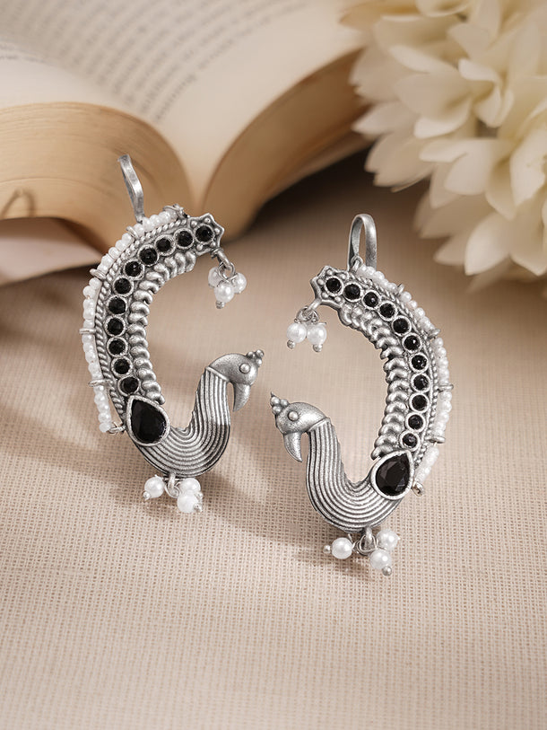 Oxidised Silver Tone Brass Black Bead Pearl Peacock Ear Cuff