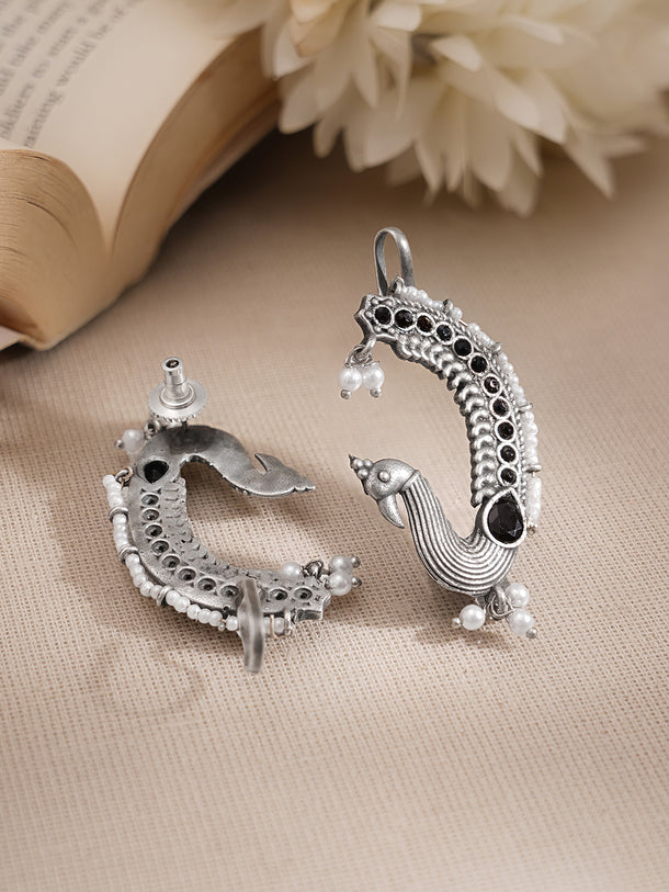 Oxidised Silver Tone Brass Black Bead Pearl Peacock Ear Cuff