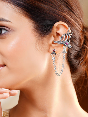 Oxidised Ruby Bird Statement Chain Ear Cuff Earrings