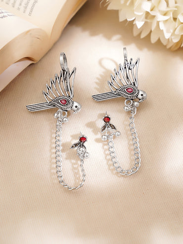 Oxidised Ruby Bird Statement Chain Ear Cuff Earrings