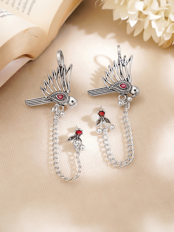 Oxidised Ruby Bird Statement Chain Ear Cuff Earrings