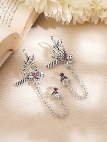 Oxidised Ruby Bird Statement Chain Ear Cuff Earrings