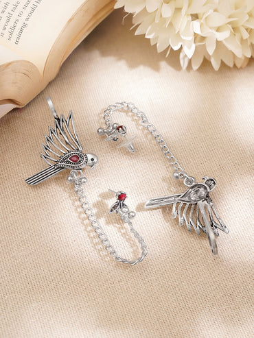 Oxidised Ruby Bird Statement Chain Ear Cuff Earrings