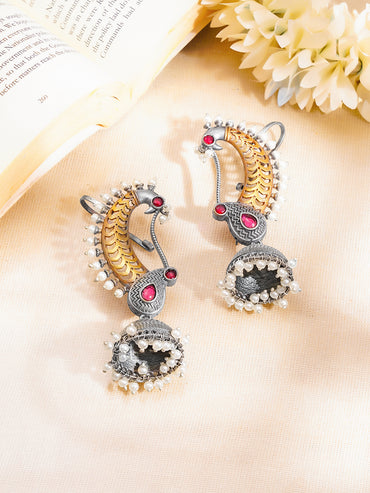Oxidised Dual Tone Peacock Ear Cuff Jhumka