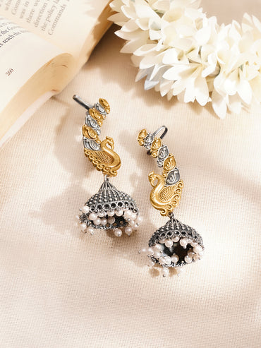Dual Toned Oxidised Peacock Motif Ear Cuff
