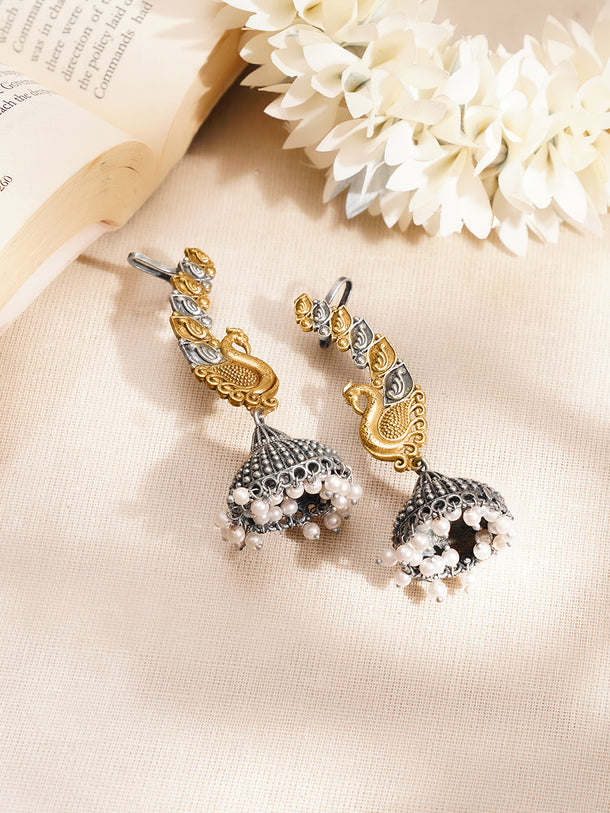 Dual Toned Oxidised Peacock Motif Ear Cuff