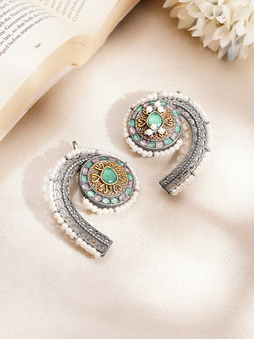 Oxidised Multicolor Studded Ear Cuff With Pearl Detailing
