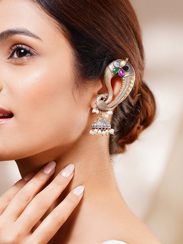Oxidised Peacock Motif Peal Drop Ear Cuff Jhumkas