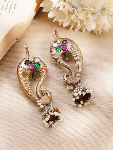 Oxidised Peacock Motif Peal Drop Ear Cuff Jhumkas