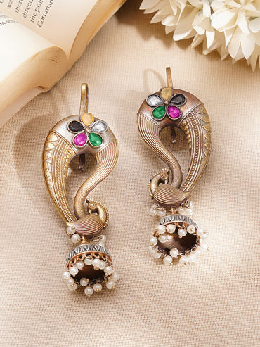 Oxidised Peacock Motif Peal Drop Ear Cuff Jhumkas