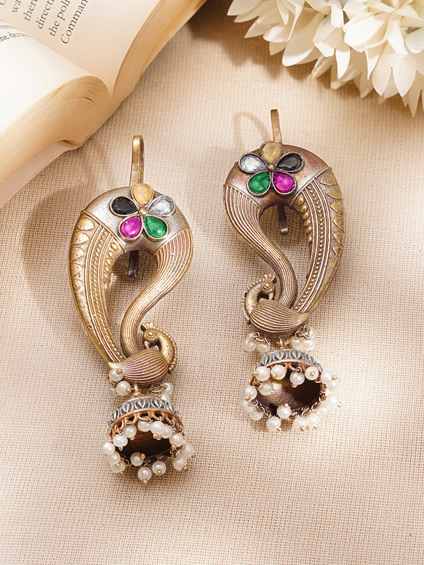 Oxidised Peacock Motif Peal Drop Ear Cuff Jhumkas