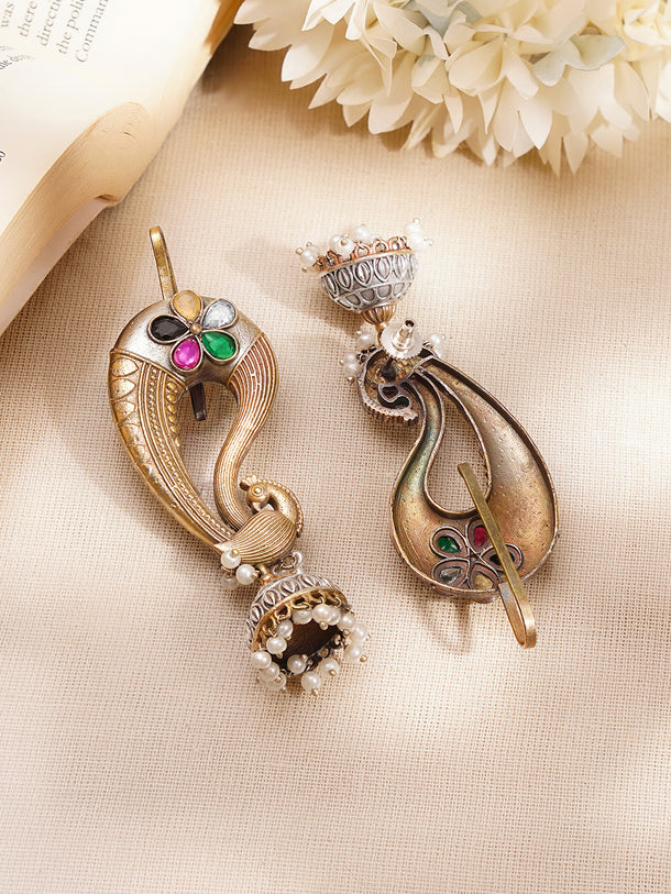 Oxidised Peacock Motif Peal Drop Ear Cuff Jhumkas