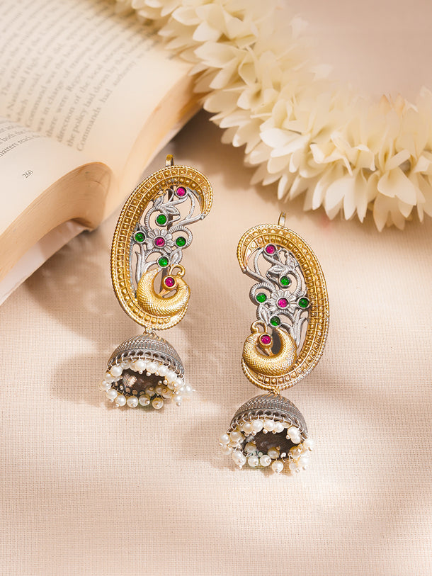 Oxidised Dual Tone Peacock Motif Ear Cuff Jhumka Earrings