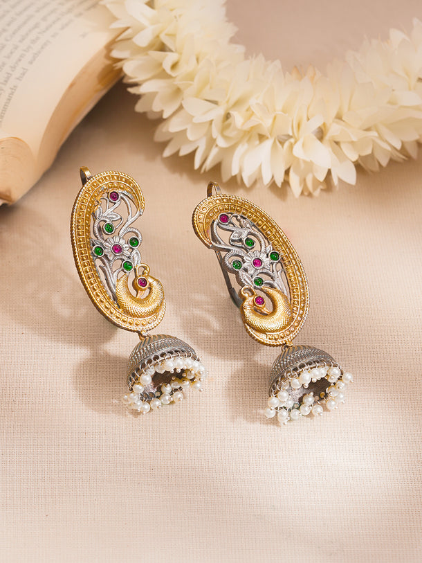 Oxidised Dual Tone Peacock Motif Ear Cuff Jhumka Earrings