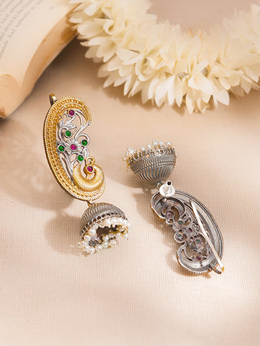 Oxidised Dual Tone Peacock Motif Ear Cuff Jhumka Earrings