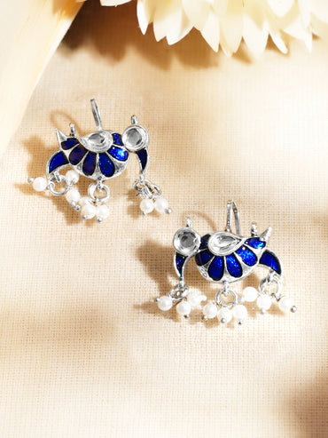 Rhodium Plated Blue Peacock Meenakari Pearl Earrings