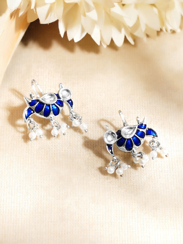 Rhodium Plated Blue Peacock Meenakari Pearl Earrings