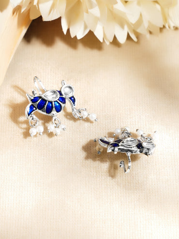 Rhodium Plated Blue Peacock Meenakari Pearl Earrings