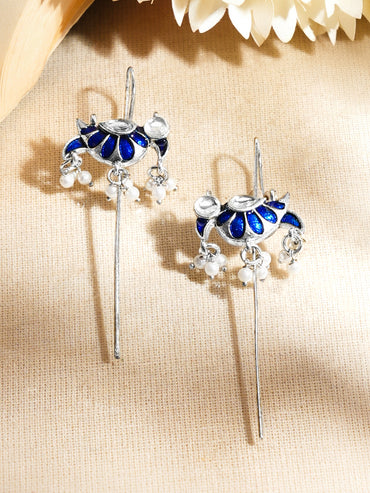 Rhodium Plated Blue Peacock Silver Meenakari Long Pin Earrings