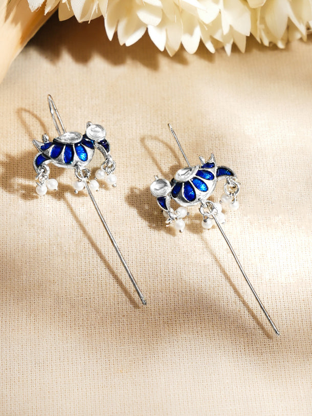 Rhodium Plated Blue Peacock Silver Meenakari Long Pin Earrings