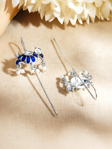 Rhodium Plated Blue Peacock Silver Meenakari Long Pin Earrings
