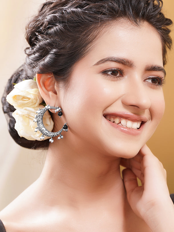 Oxidised Silver Tone Brass Pearl Black Bead Crescent Hoop Earrings