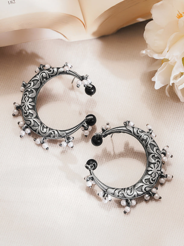 Oxidised Silver Tone Brass Pearl Black Bead Crescent Hoop Earrings