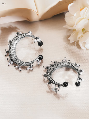 Oxidised Silver Tone Brass Pearl Black Bead Crescent Hoop Earrings