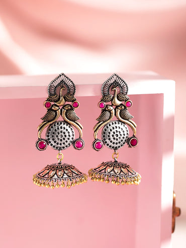Rubans Silver Plated Handcrafted Oxidised Dual Tone Peacock Shape Jhumka Earrings