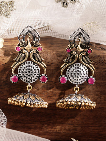 Rubans Silver Plated Handcrafted Oxidised Dual Tone Peacock Shape Jhumka Earrings