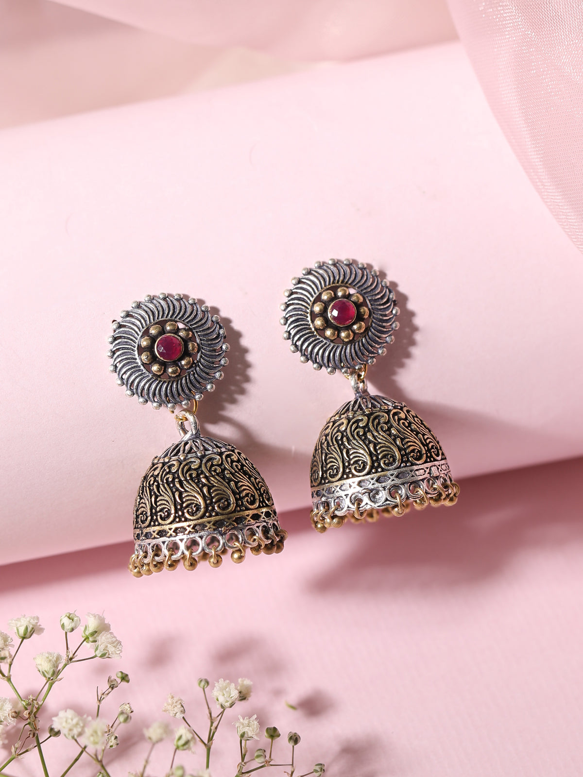 Rubans Silver Plated Handcrafted Oxidised Dual Tone Jhumka Earrings