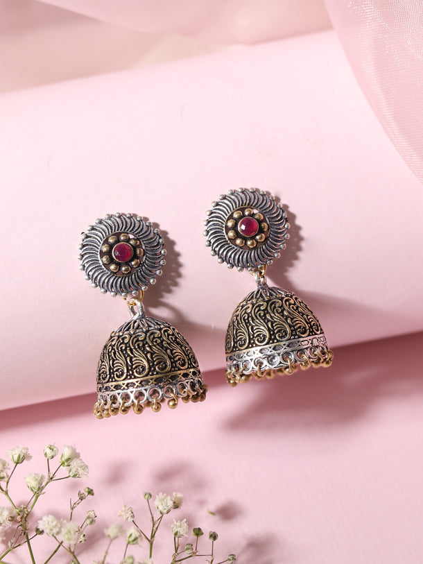 Rubans Silver Plated Handcrafted Oxidised Dual Tone Jhumka Earrings