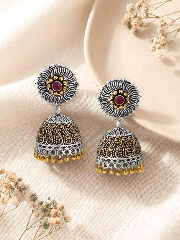 Rubans Silver Plated Handcrafted Oxidised Dual Tone Jhumka Earrings