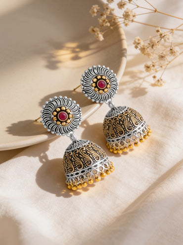 Rubans Silver Plated Handcrafted Oxidised Dual Tone Jhumka Earrings