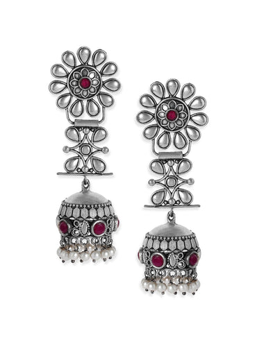 Rubans Oxidized Silver Plated Handcrafted Jhumka Earrings