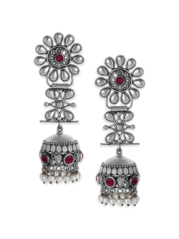 Rubans Oxidized Silver Plated Handcrafted Jhumka Earrings