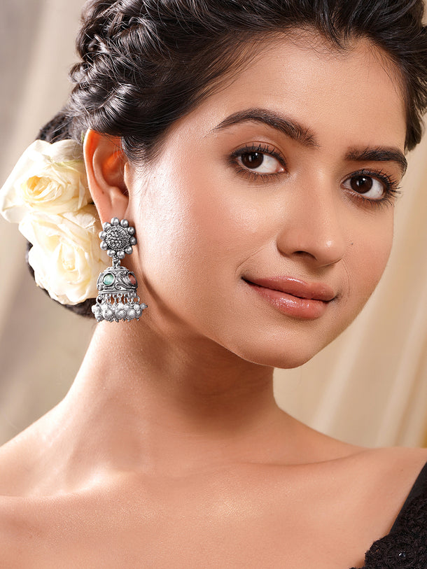 Silver Tone Brass Green Detail Pearl Ghungroo Jhumka Earrings