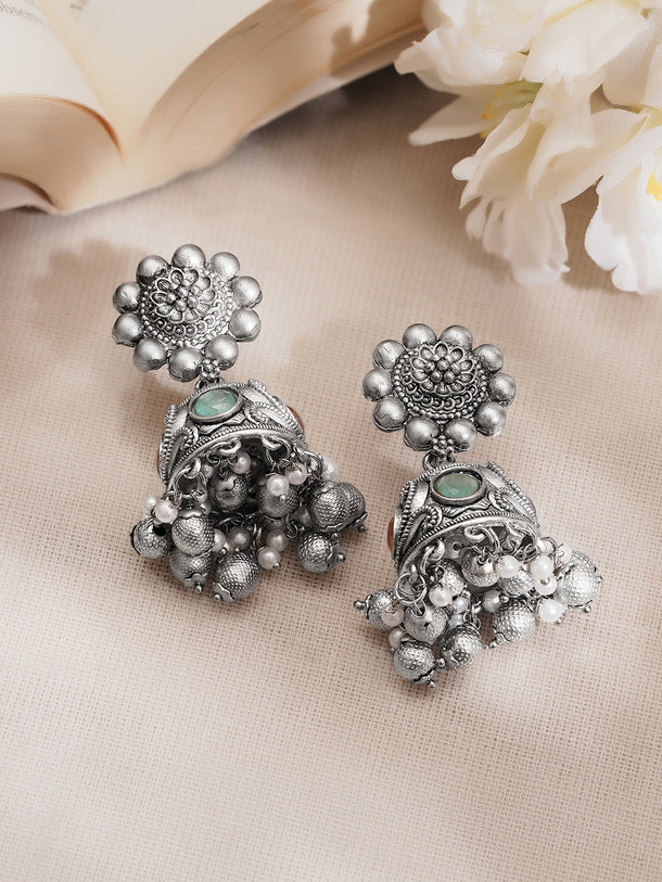 Silver Tone Brass Green Detail Pearl Ghungroo Jhumka Earrings