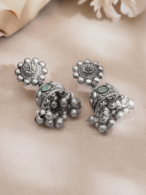 Silver Tone Brass Green Detail Pearl Ghungroo Jhumka Earrings
