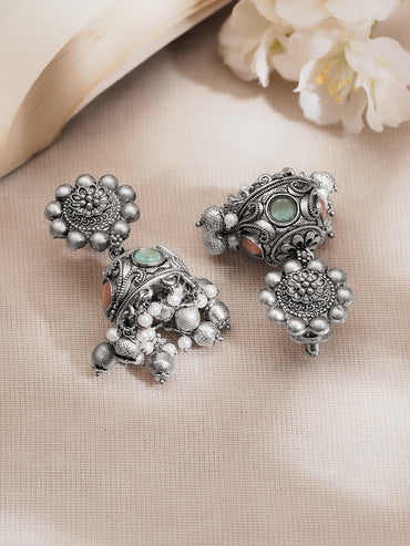 Silver Tone Brass Green Detail Pearl Ghungroo Jhumka Earrings