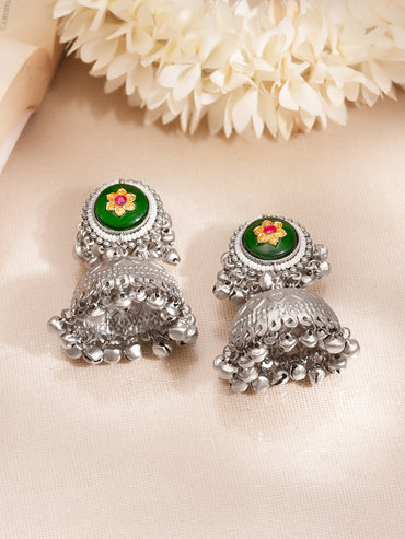 Oxidised Green Enamel Antique Jhumka Earrings