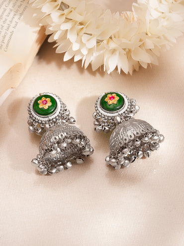 Oxidised Green Enamel Antique Jhumka Earrings