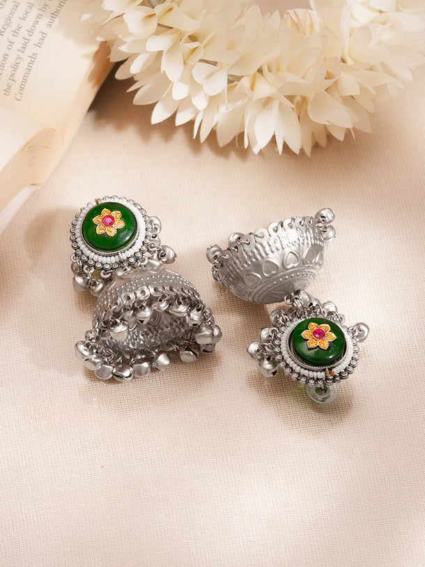 Oxidised Green Enamel Antique Jhumka Earrings